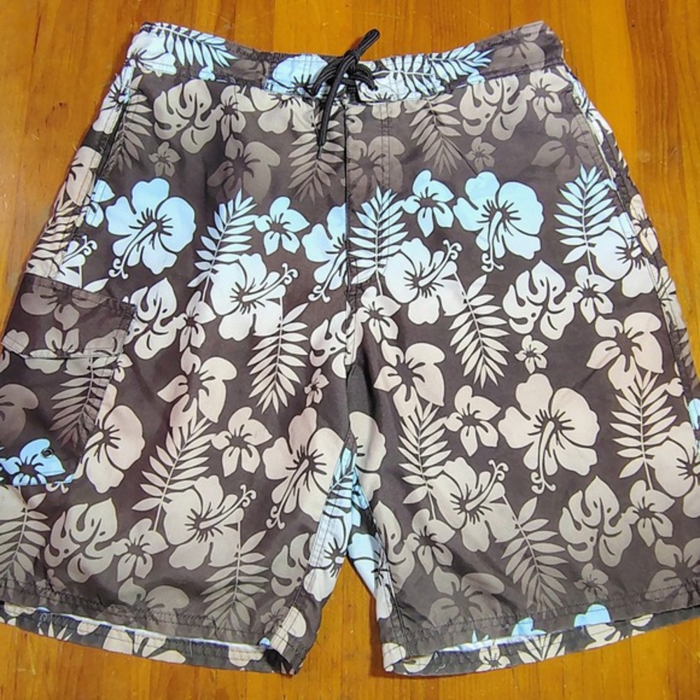 Joe Boxer Men's‎ Hawaiian Floral Swim Trunks Shorts L G Brown Blue